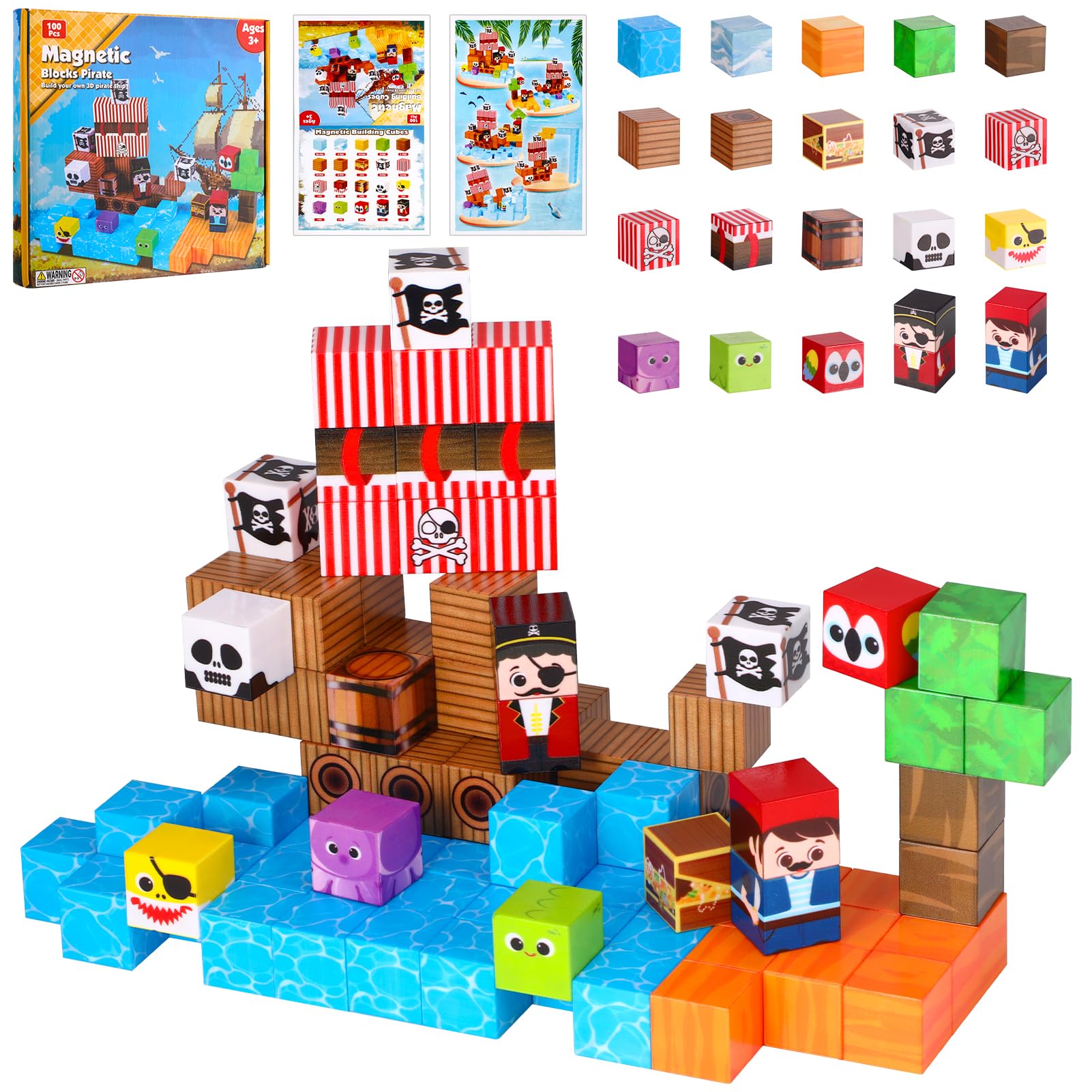 GSrenyu 100 Pieces Build Magnetic Blocks, Magnetic Build Toys Construct Building Learning Blocks for 3+ Year Old Boys Girls Kids Toddler Christmas Birthday Gifts