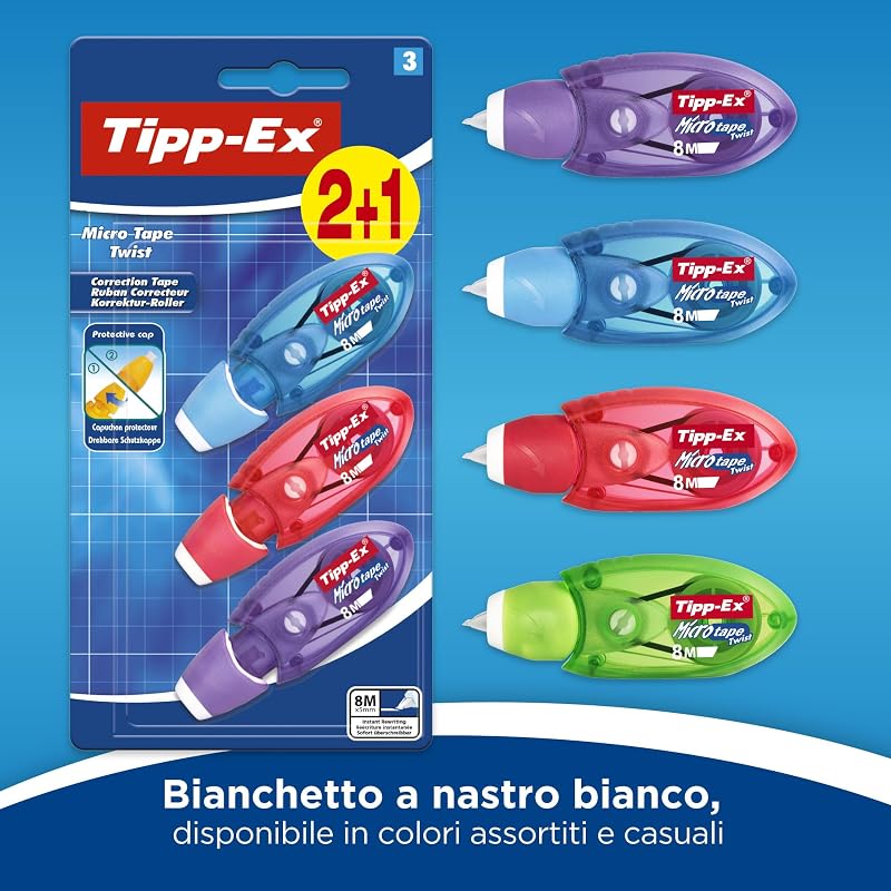 Tipp-Ex Correttore a Nastro, Micro-Tape Twist, Bianchetti a Nastro 2+1 Unità, Colori Assortiti, Cancelleria Scuola e Casa