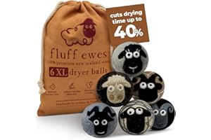 HUSTLE & BLUSH Fluff Ewes Wool Dryer Balls 6 Pack Premium New Zealand Wool Laundry Balls for Dryer, No Static Dryer Balls Laundry Reusable, XL Wool Dryer Balls Cute, Baby Dryer Balls for Dryers - Classic