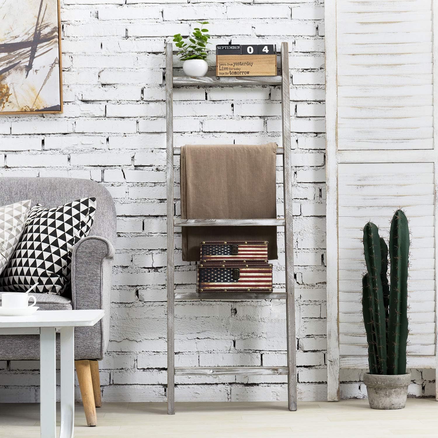 MyGift Wall-Leaning Rustic Gray with White Finish Wood Ladder-Style Blanket Rack: Home & Kitchen