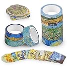 Knaid Van Gogh Inspired Washi Masking Tape Set of 8 Rolls + 90 pcs Planner Stickers, Van Gogh's Paintings Series Bundle for Arts, DIY Crafts, Gift Wrapping, Scrapbook, Journals, and Daily Planners
