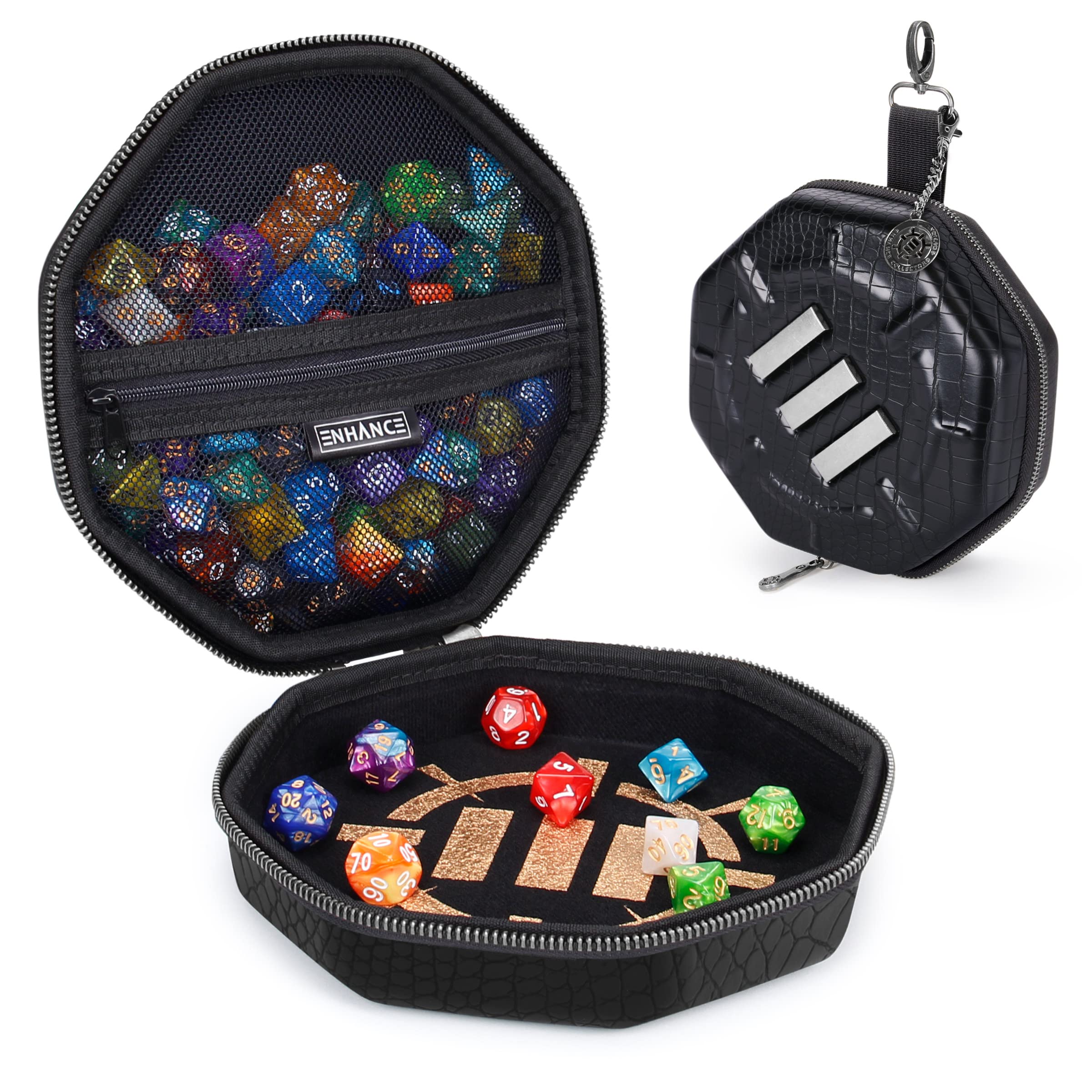 ENHANCE DnD Dice Tray and Case - Collector's Edition DnD Dice Holder up to 150 D&D Shakers with Hard Shell Exterior and Protective Soft Interior - Rolling Tray Perfect for Game Night (Dragon Black)