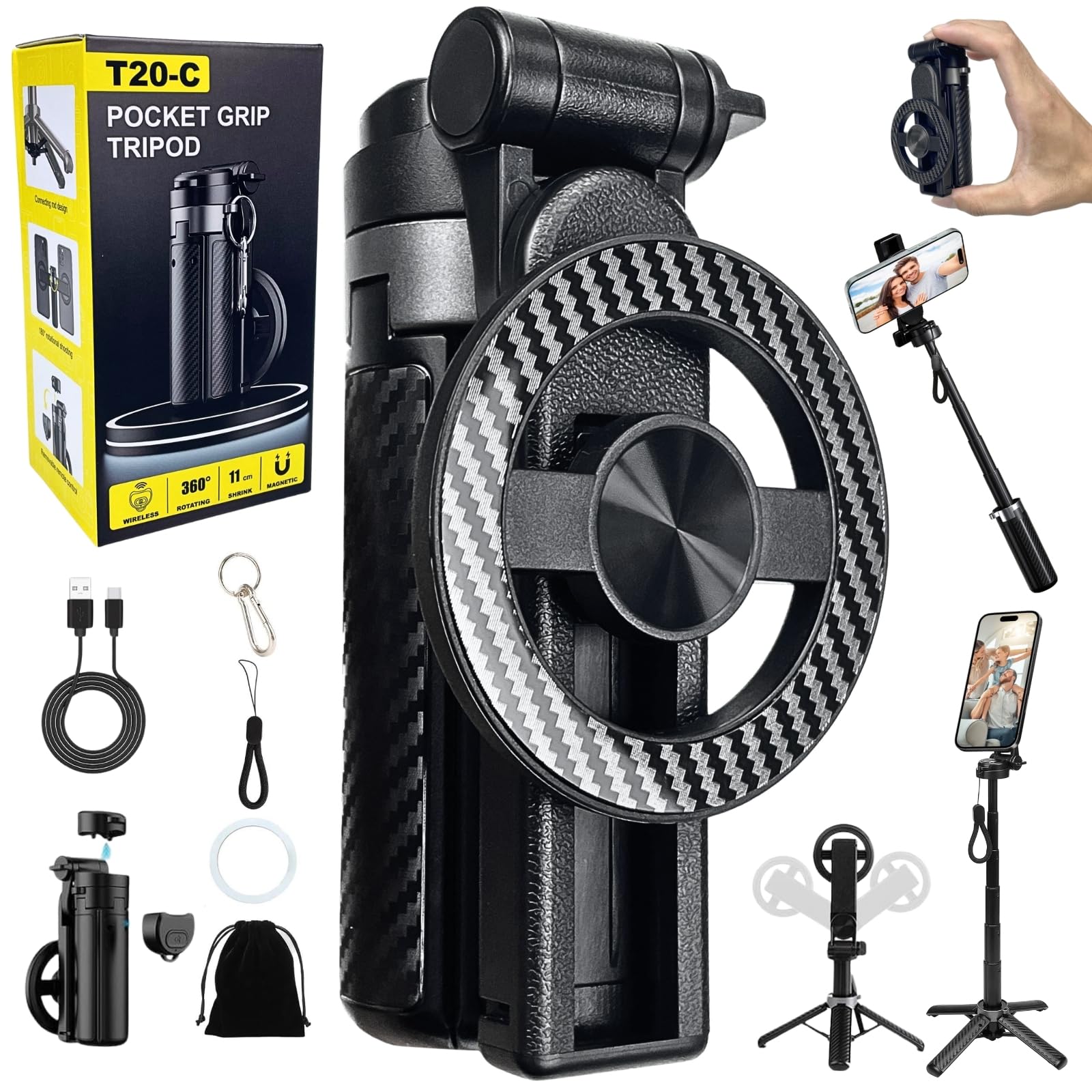 Photo 1 of 4-in-1 Magnetic Selfie Stick Tripod – 360° Rotation, Bluetooth Remote, Compact Travel Vlog Phone Holder for iPhone and Android