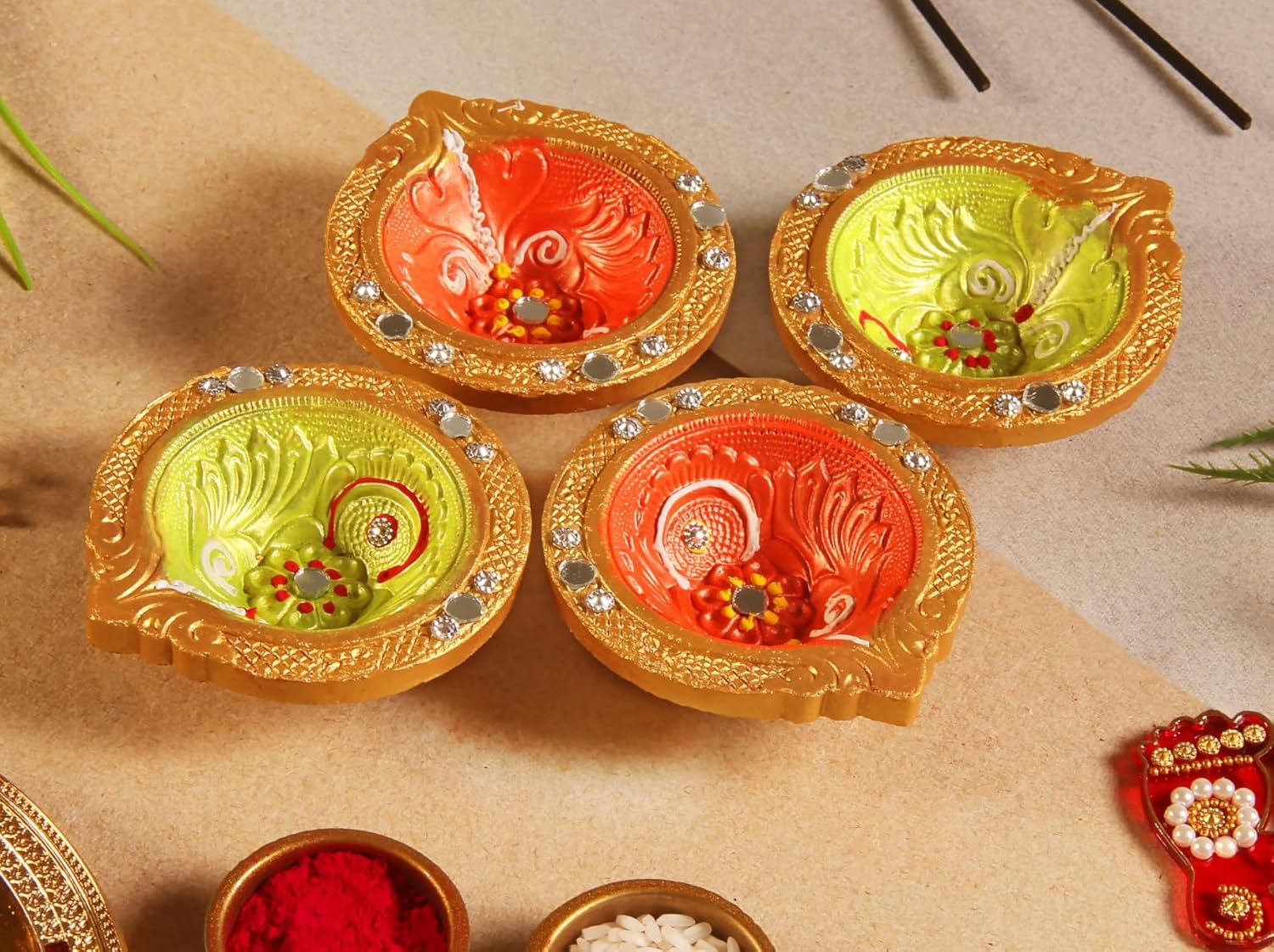 Oil Lamps & Accessories - Handmade Terracoaat Set of 4 Premium Two Color Clay Diya for Diwali/Navratri Decorations Oil Lamp Diwali Clay Diya Tea Light Holder Indian Decor Festival Gifts Puja Items