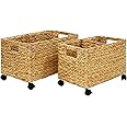 PEMAR Set 2 (different sizes nesting in a set) Natural Wicker Rolling Storage Baskets on Wheels w Insert Handle, Under Table Under Desk Storage Bins, Mobile File Cabinet Organiser. Water Hyacinth