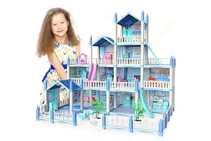 LEJIATEC Doll House, Dream Doll House Girls Toys, 4 Story 14 Rooms Dollhouse with 4 Dolls, Dollhouse Furniture Accessories with Light, Toddler Playhouse Gift for 3 4 5 6 7 8 9 10 Year Old Girls Toys (blue04)