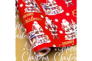 MAYPLUSS Christmas Wrapping Paper Roll - 17IN X 33FT - Red Gift Wrapping Paper Featuring Santa Claus Fireplace Against Red Reversible Merry Christmas for Kids, Holiday, New Year