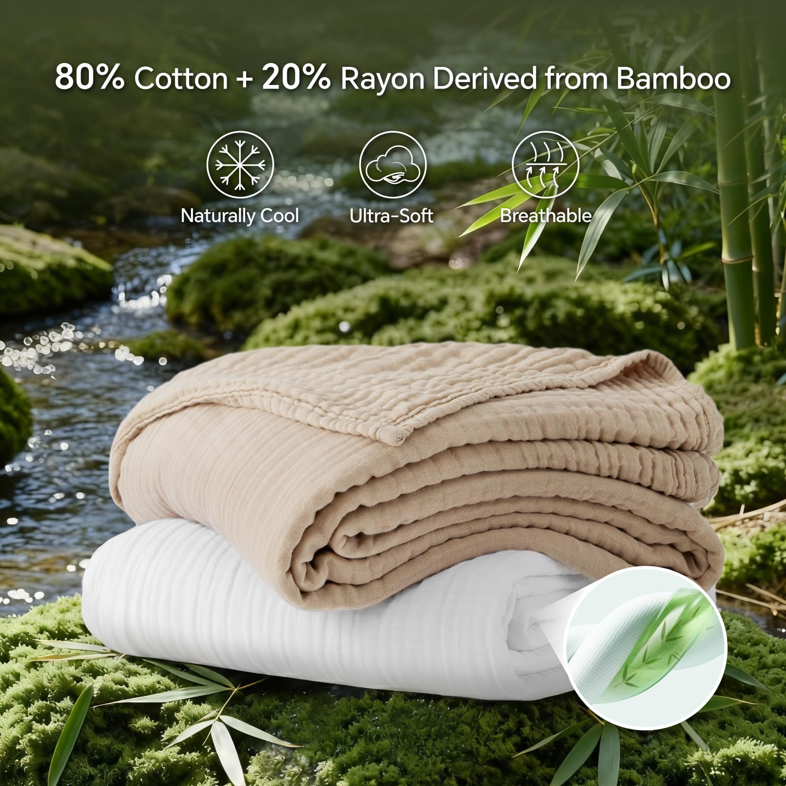 Condition photo showing New/Like New for cooling muslin queen blankets for hot sleepers, 20% rayon derived from bamboo, 80% cotton, summer bl