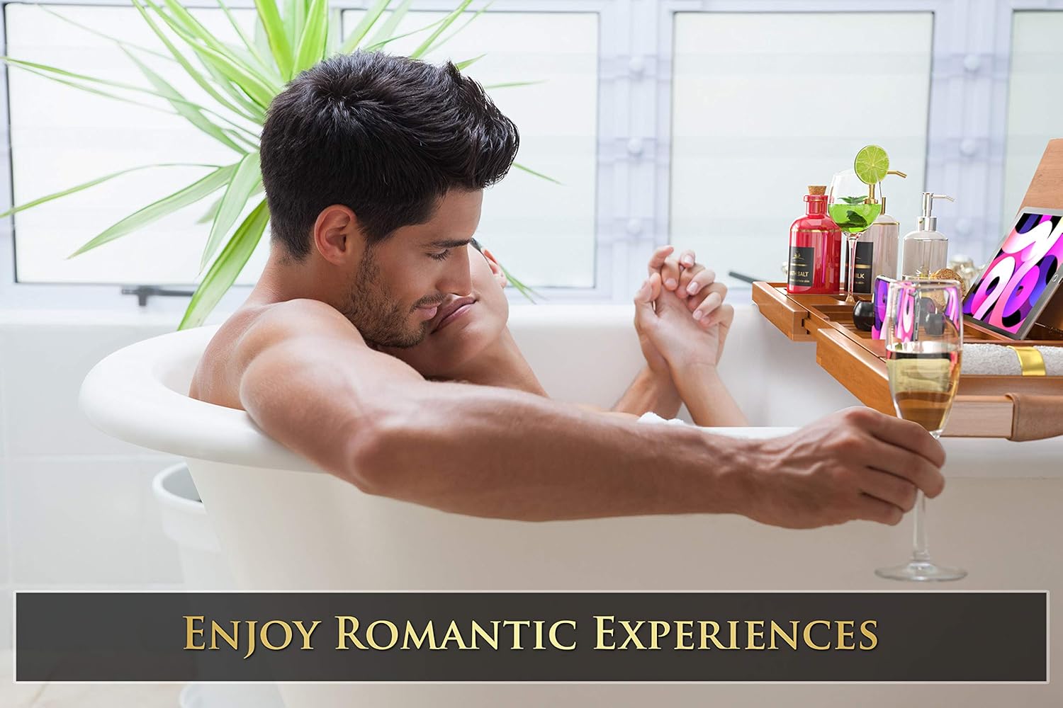 YM Lux Craft Bamboo Bathtub Caddy Tray [Durable, Non-Slip], 1-2 Adults Expandable Bathtub Tray, Beautiful Gift Box, Fits Any Tub Bath - Holds Book, Wine, Phone, Ipad, Laptop: Kitchen & Dining