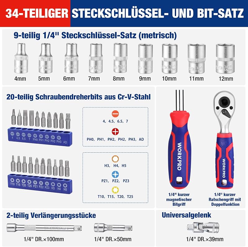 34-teiliger 1/4" Steckschlüsselsatz, Ratschensatz