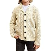 rrhss Boys Cable Knit Cardigan Sweater Kids Button Down Shawl Collar Outwear Sweater with Pockets 3-12 Years