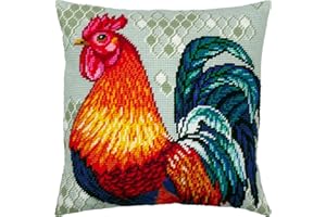 Brvsk Bird Needlepoint Kit for Adults and Beginners — Rooster 16″ × 16″ with Clear, Precise Printed Design on Cotton Canvas; Includes 2 Needles, Yarn, and Easy-Read Chart