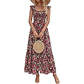 dowerme Womens Summer Maxi Dresses 2026 Casual Ruffle Sleeve Button Smocked Floral Slit Boho Dress Spring Beach Sundress