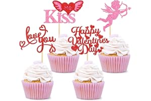 Cyodoos 24pcs Happy Valentine's Day Cupcake Toppers with Kiss Me Love You Cupid Valentine's Day Cupcake Food Picks Valentine's Day Theme Birthday Party Cake Decorations Supplies