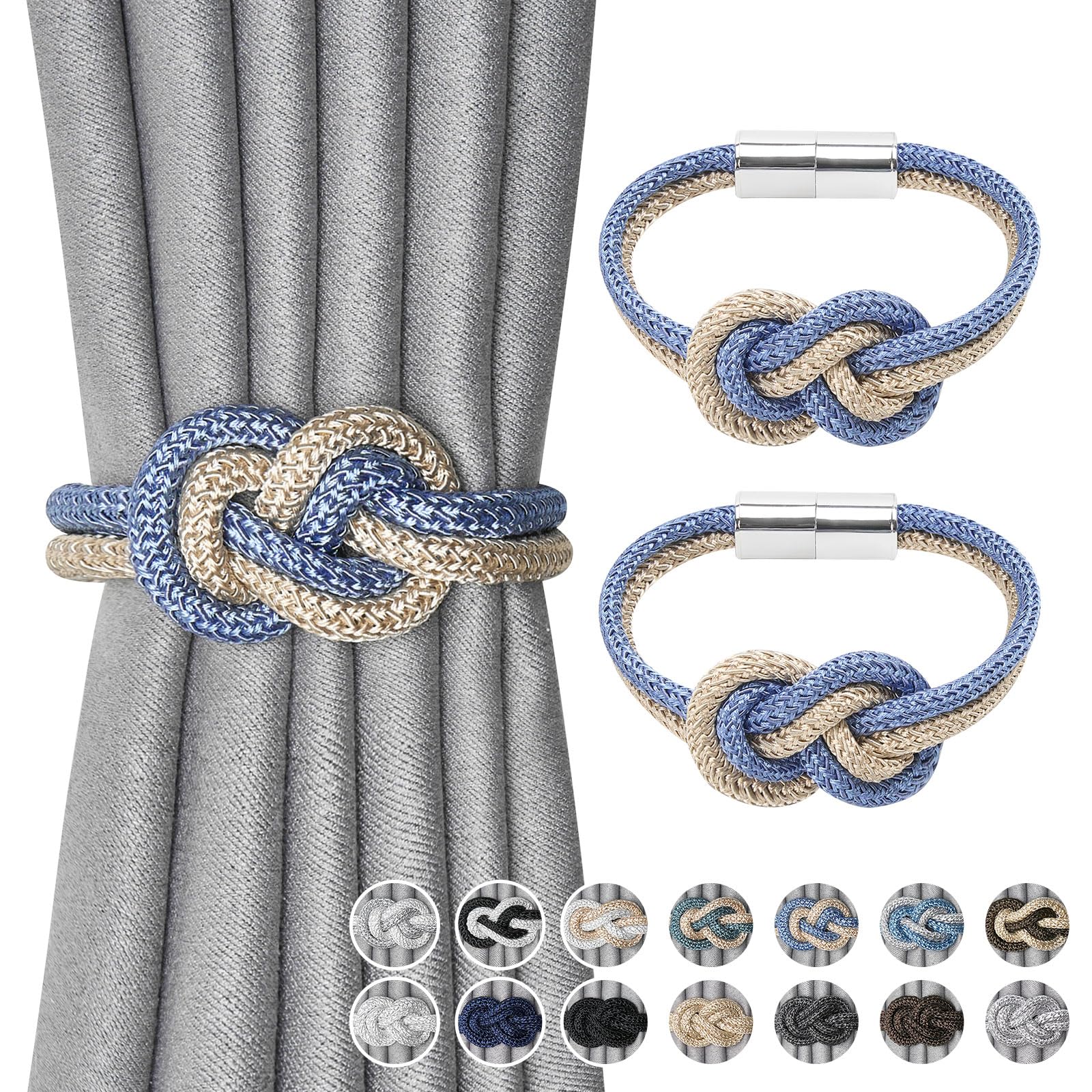 Pretty Jolly 2 Pack Mini Magnetic Curtain Tiebacks Nordic Simple Style Drape Tie Backs Elegant Hand Weave Rope Knot Decorative Curtain Holdbacks for Home & Office Window Drapery (Blue & Beige)