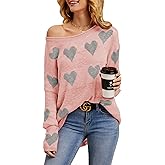 Chang Yun Women Off Shoulder Knitted Pullovers Sweater Loose Long Sleeve Hearts Printed Ripped Tops