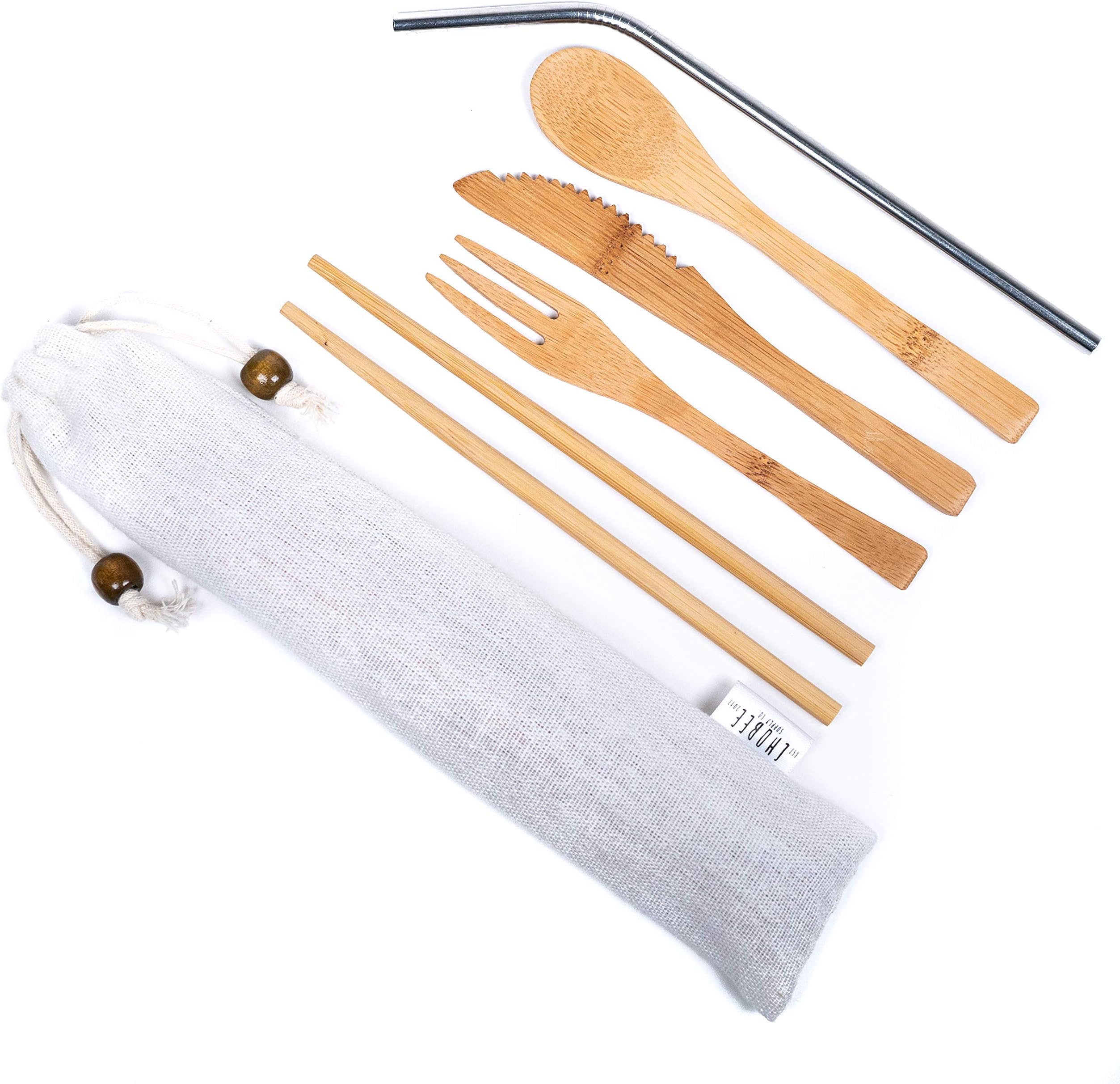Reusable Bamboo Travel Utensils | Eco Friendly Utensil Set | Natural Bamboo Silverware Kit | Plastic-Free Flatware | Wooden Spoon, Knife, Fork, Chopsticks | Stainless Steel Straw + Cleaner