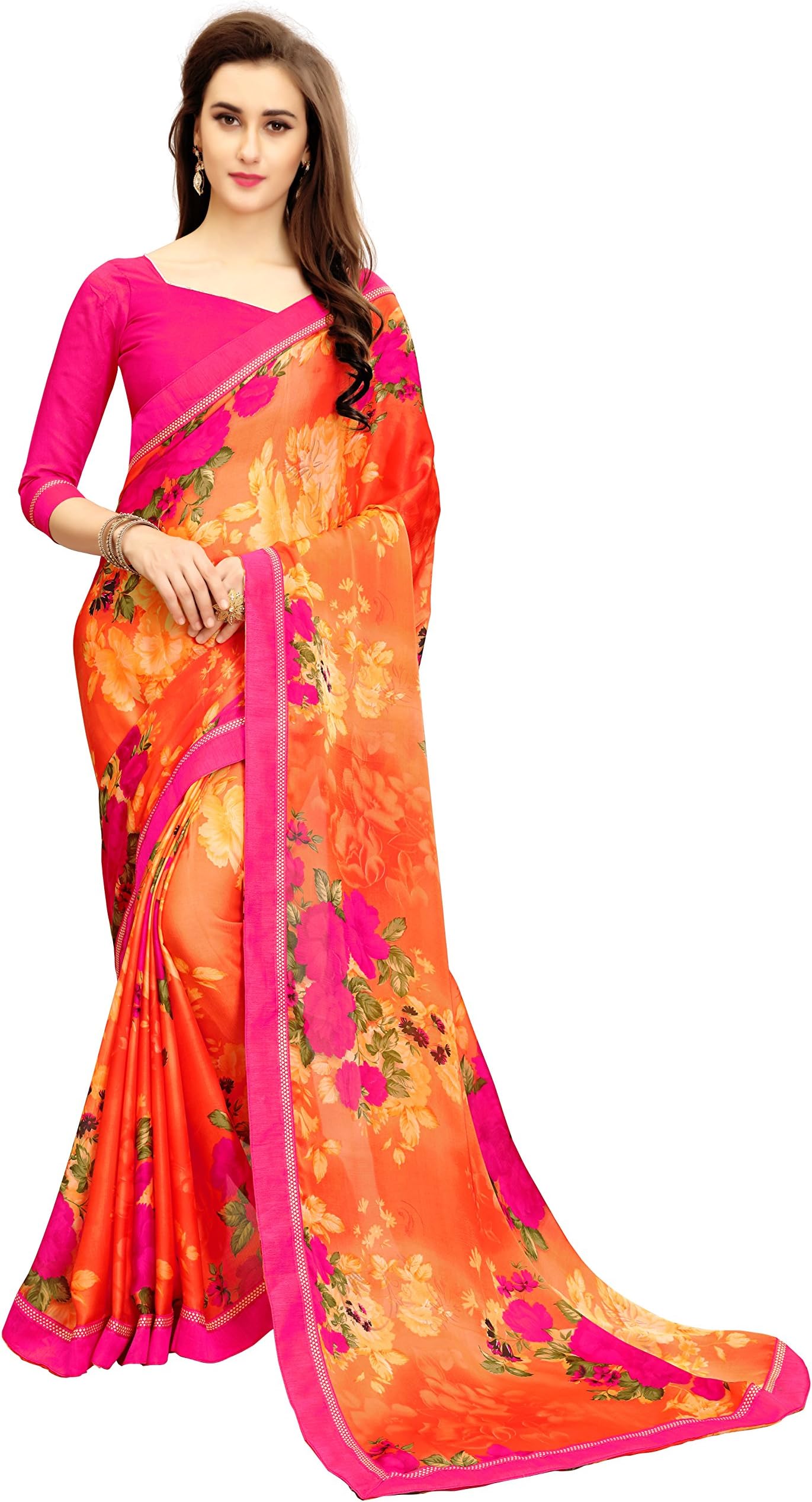 SareeShop Women's Georgette party wear Fancy Saree With Blouse Piece (Apricot & Ruby & Cerise)