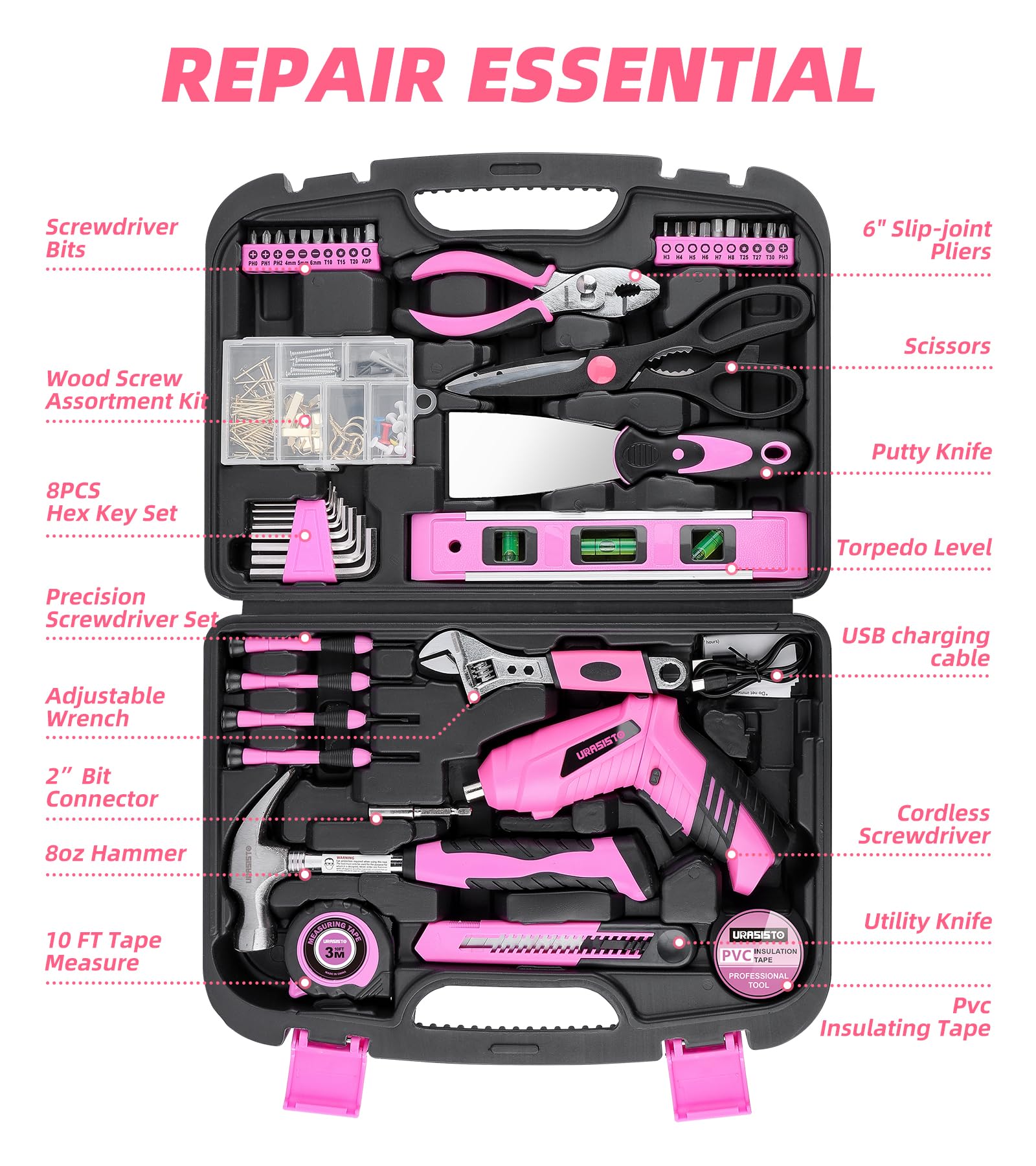 Pink Household Tool Set with 3.6V USB Electric Screwdriver, 136 PCS Home Tool Kit with Cordless Lithium-ion Drill Driver, Hand Tool Kits for Women