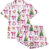 QAUN Christmas Pajamas Sets Women Xmas Button Down Pjs Set Silk Holiday Vneck Sleepwear Santa Short Sleeve Loungewear Set