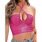 ELQUCHOU Women Going Out Cold Shoulder Sexy Cute Sequin Crop Tops lace up Sleeveless Halter Tank Shiny Metallic Tankini top (Medium, Rosy)