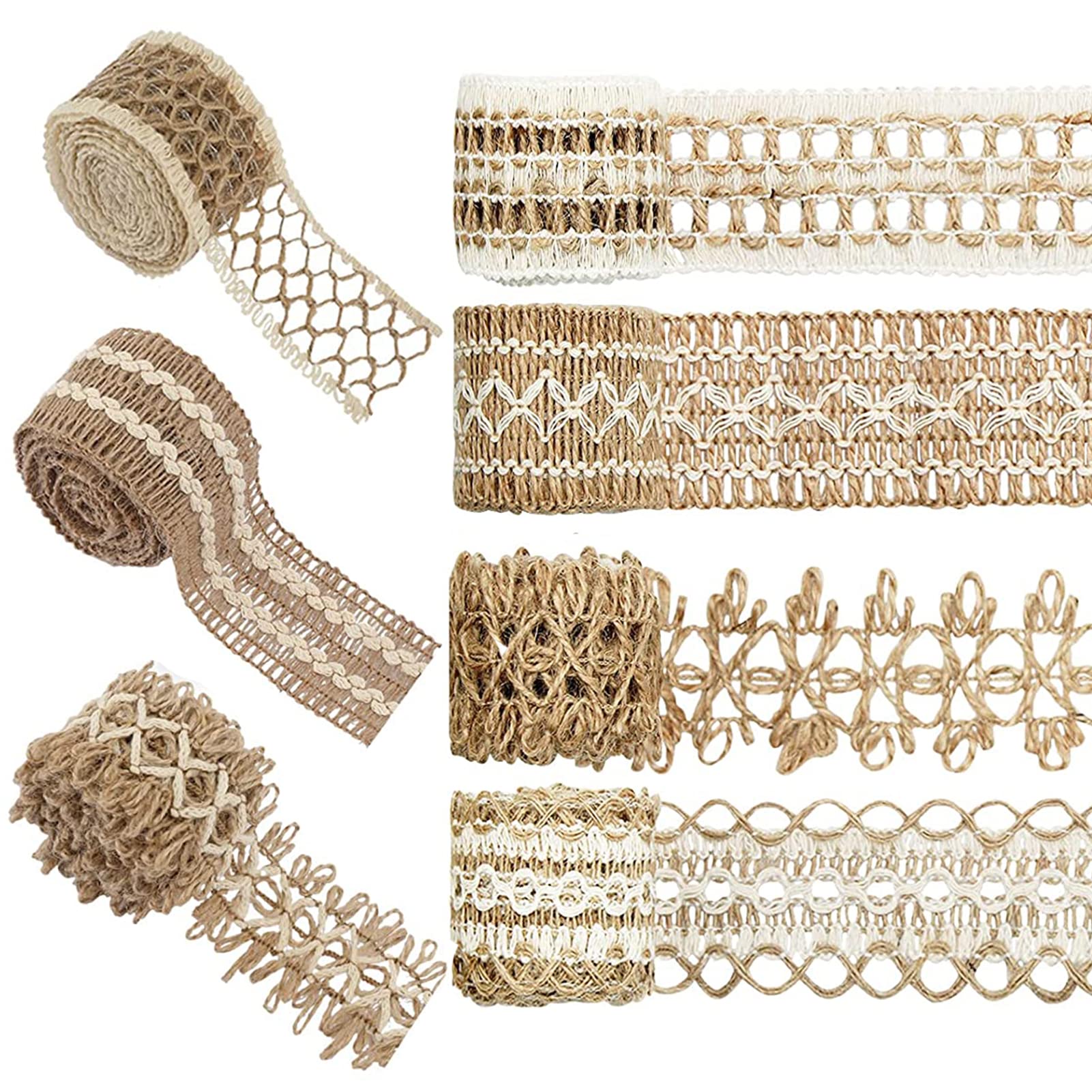 HERZWILD 14m Jute Ribbon, 7 Rolls Vintage Natural Hessian Jute Ribbon with Lace Ribbon for DIY Crafts Christmas Decoration Wedding Party Crafts Gift Ribbon (14m)