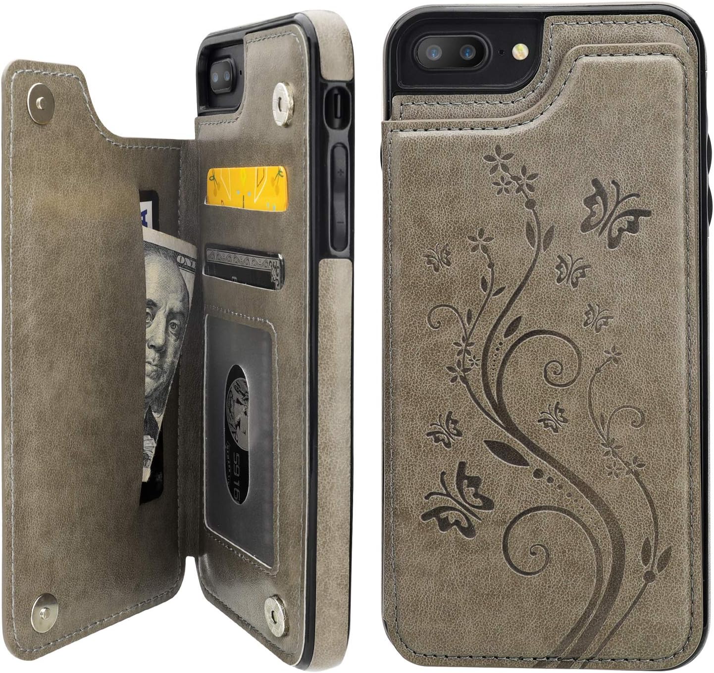 Vaburs iPhone 7 Plus iPhone 8 Plus Case Wallet with Card Holder, Embossed Butterfly Premium PU Leather Double Magnetic Buttons Flip Shockproof Protective Cover for iPhone 7/8 Plus Case(Gray)
