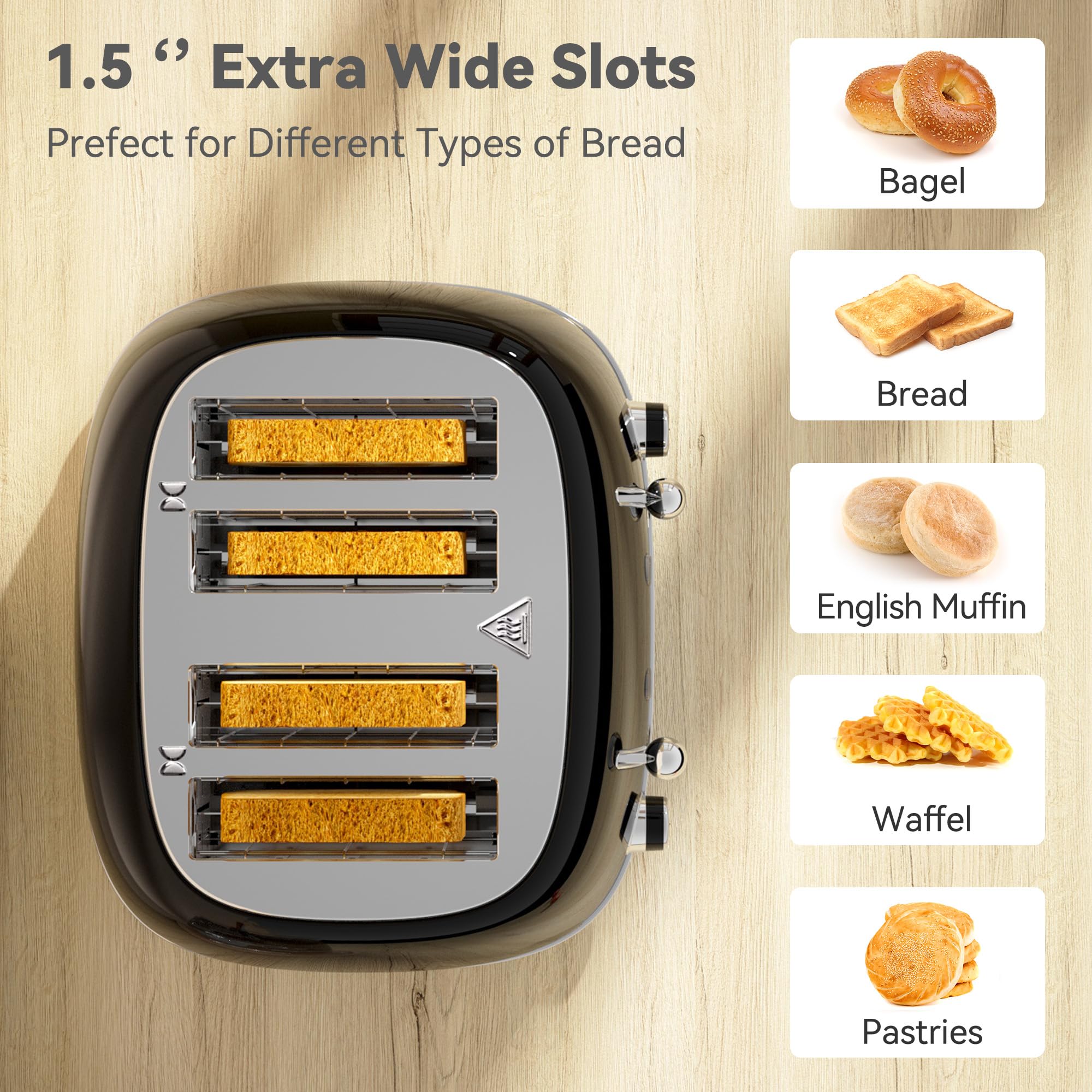 Tostadora de 4 rebanadas, tostadora retro de acero inoxidable con 6 configuraciones de pantalla de pan, ranuras de 1.5 pulgadas de ancho con funciones de cancelar/descongelar/recalentar, panel de control dual independiente, bandeja para migas de extracción (negro)