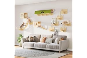 Homiflex Cat Wall Shelves, Cat Wall Furniture Pine Wooden Feline Shelf, 18 Piece Feline Shelves and Perches with Condos, House, Steps, Bridge Ladder, Scratching Post and Tunnel