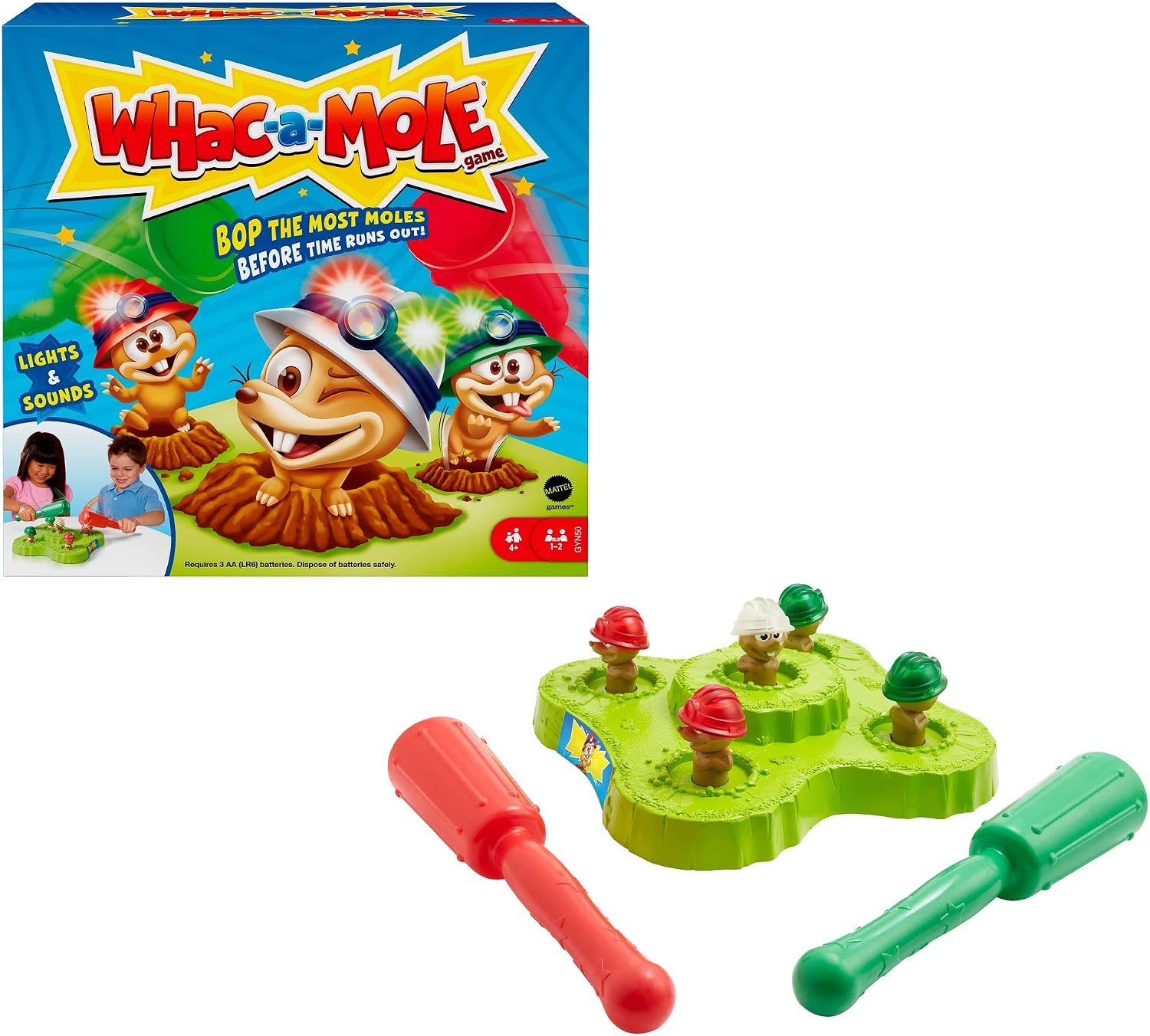 Mattel Games WHAC-A-MOLE Kids Arcade Game with Mallets & Lights & Sounds for 1 or 2 Players 4 Years Old & Up, GVD47