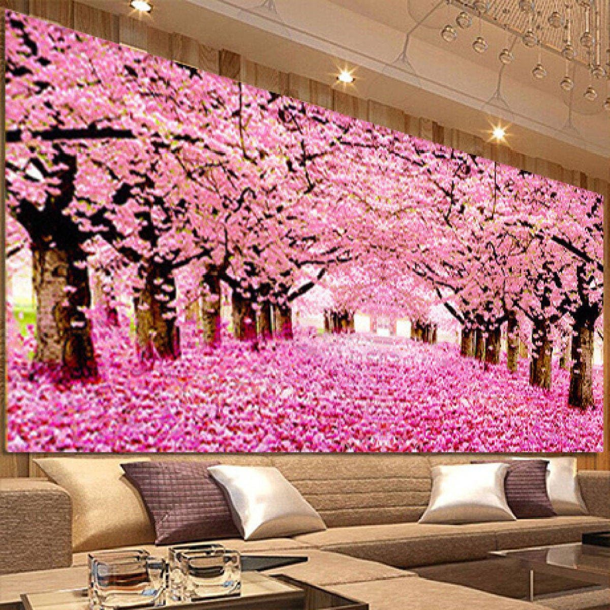 DIY 5D Sakura Tree Diamond Cross Stitch Diamond Square Drill Full Drill Living Room Bedroom Plant Flowers Cherry Tree Paste Drill Cross Stitch Home Decoration,160*65CM