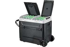 F40C4TMP 12 Volt Portable Refrigerator, 64 Quart Dual Zone Car Freezer, Independent Temp Control(-4℉~68℉), 61L Compressor Fridge, Wheels & 2 Baskets for Camping, Travel, Road Trip, 12V/24V DC&110V AC