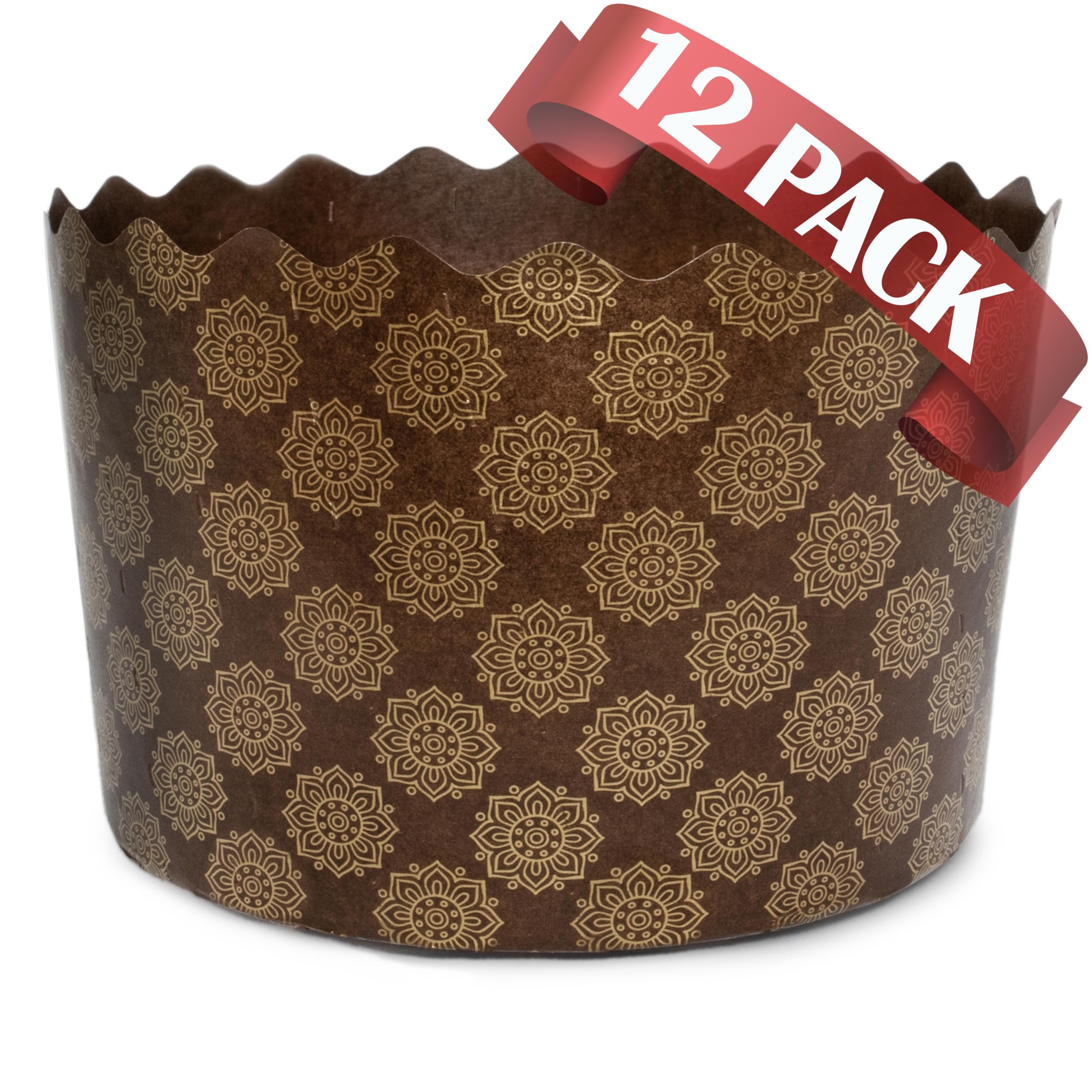 Photo 1 of 15 oz Panettone Paper Mold Standard | 12 Pack | Round Non Stick Panettone Paper Baking Molds Kulich Paska Pascha Brown Design