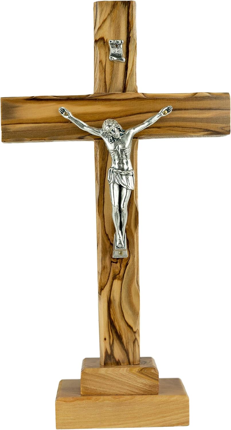 Catholic Standing OR Hanging Crucifix Cross, Certified Olive Wood Home Décor Table and Wall Cross from Jerusalem, Israel, Holy Land Tabletop Jesus Crucifixion Cross for Desk, Crucifijo Católico Cruz