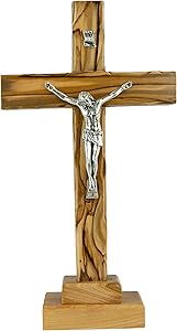 Catholic Standing OR Hanging Crucifix Cross, Certified Olive Wood Home Décor Table and Wall Cross from Jerusalem, Israel, Holy Land Tabletop Jesus Crucifixion Cross for Desk, Crucifijo Católico Cruz