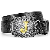 UpFind Western Cowboy Leather Belt Men Women, Gold Initial Letters ABCJMZ Buckle Embossed Belt for Jeans