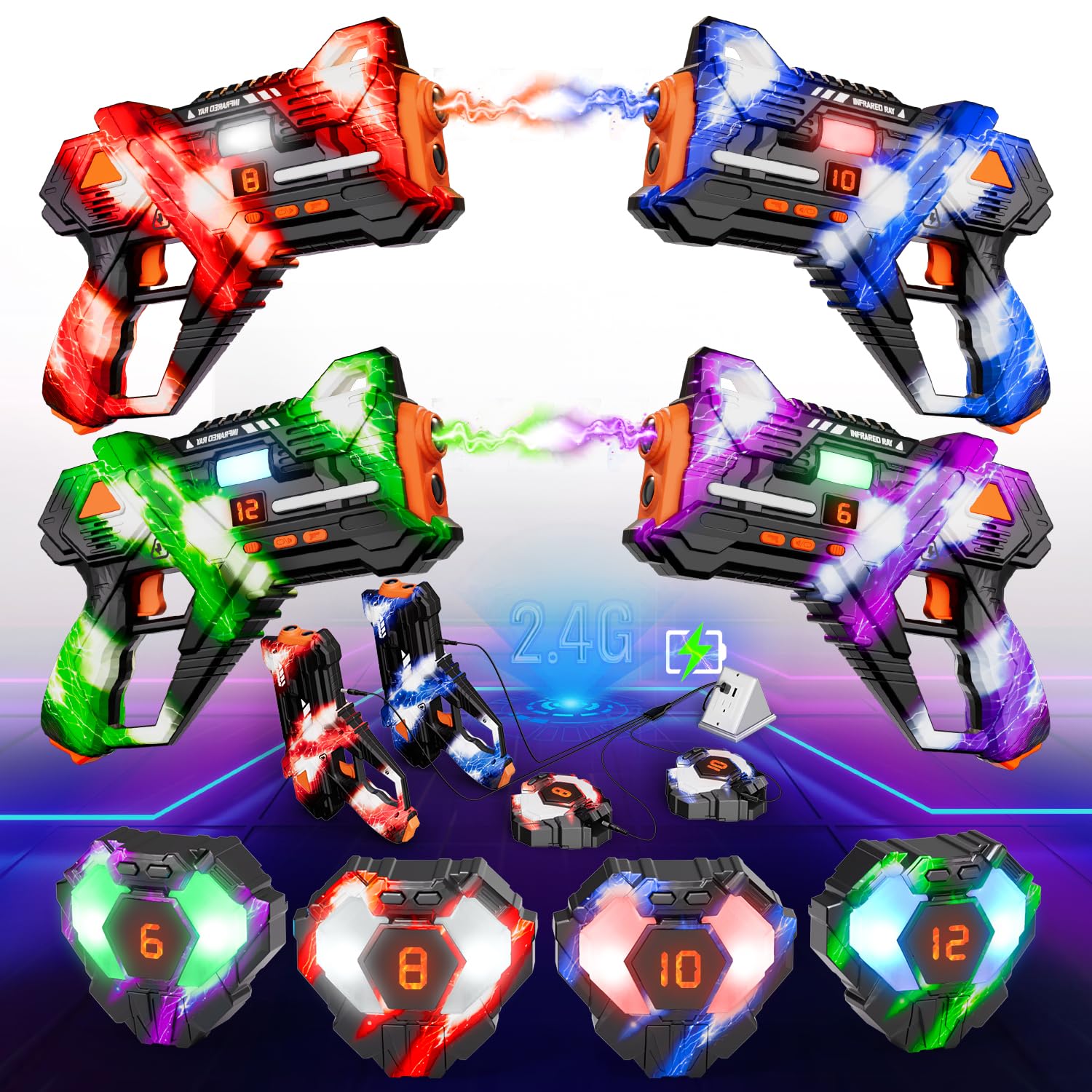 VATOS Rechargeable Laser Tag Guns Set of 4-2.4GHz Data SYNC Display Laser Tag Gun with Vest 4 Players, Infrared Laser Tag Game Indoor & Outdoor Play for Kids Boys Girls Teen Age 6-12+ Years Old