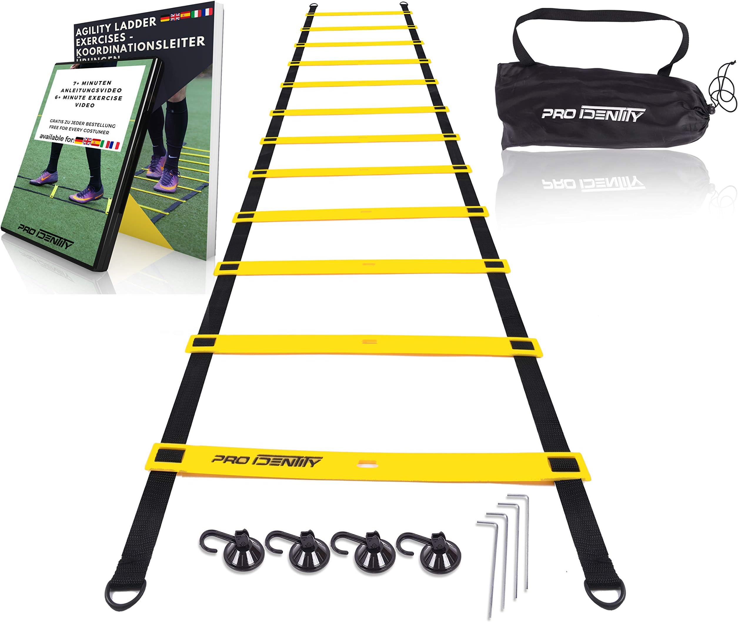 PRO IDENTITY agility ladder 6m for football training incl. FREE INTRODUCTION VIDEO + E-BOOK TO PRINT with practical bag, hooks & suction cups