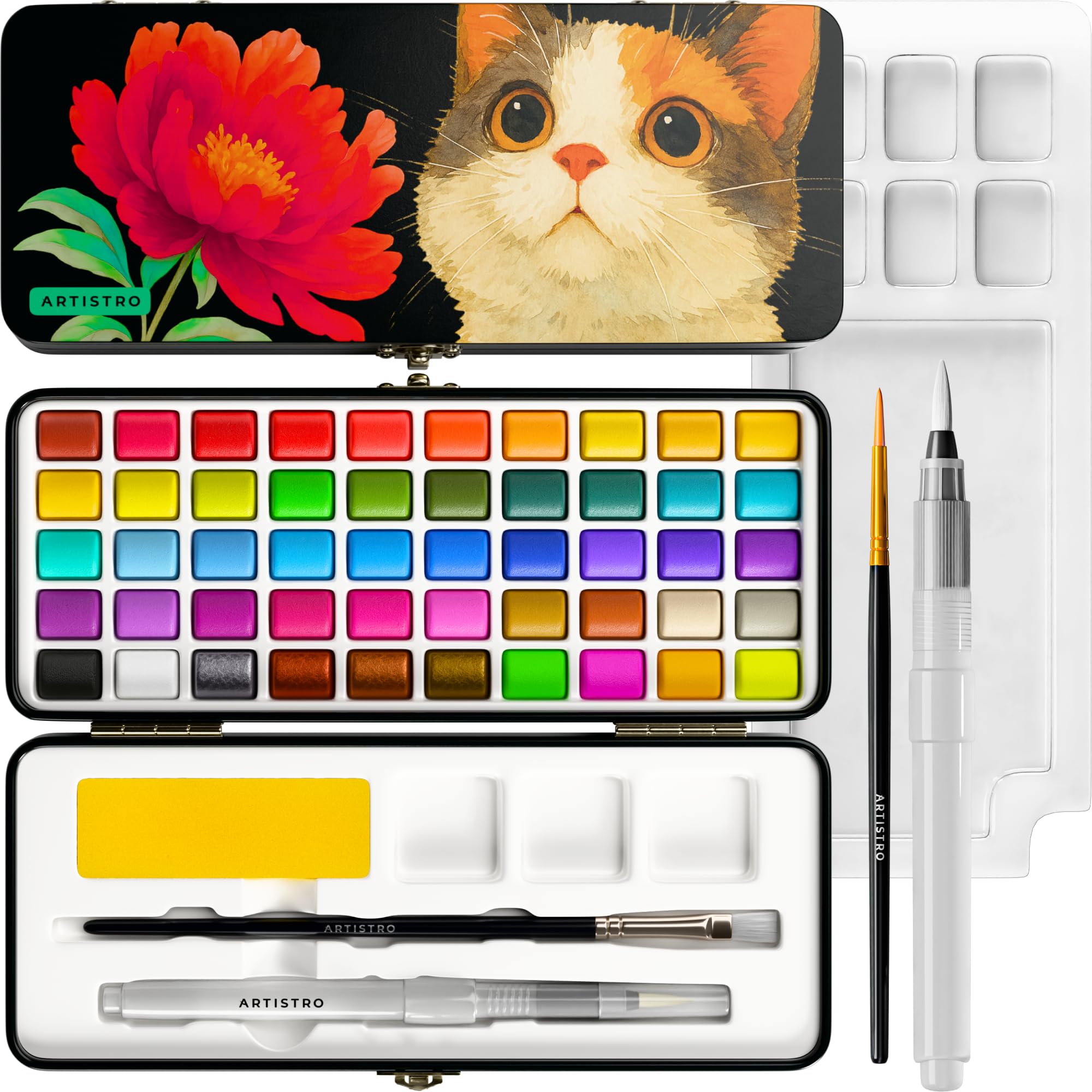artistro 50 colors watercolor paint set - portable paint set with palette and brush pens - travel water color kit for adults, professionals, kids - art and painting supplies - christmas gift idea