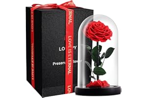 LOUVPY Forever Roses - Valentines Day Gifts for Her - Beauty and The Beast Rose in Glass Dome - Eternal Preserved Rose Flower - Gift for Mom,Wife,Girlfriend(Red, 9inch)