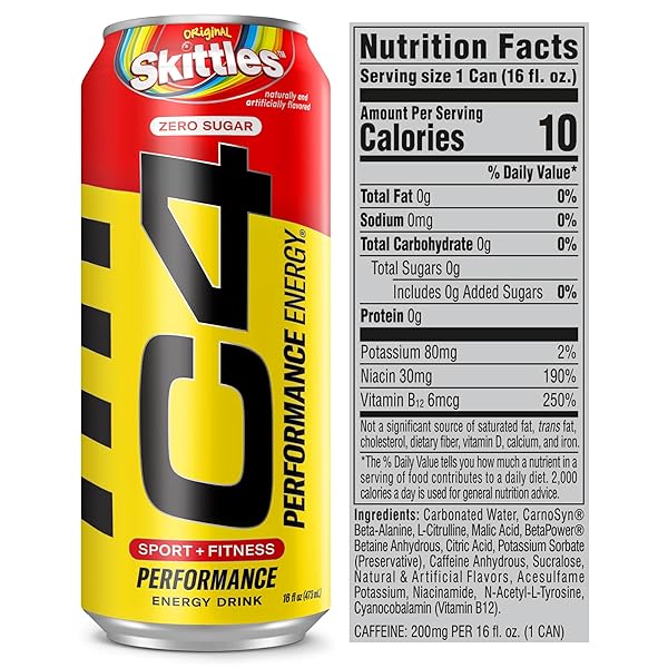 CELLUCOR C4 PERFORMANCE ENERGY DRINK | SKITTLES | ZERO SUGAR CARBONATED PREWORKOUT ENERGY | 200MG CAFFEINE WITH BETA ALANINE | 16 FL OZ (12 PACK)