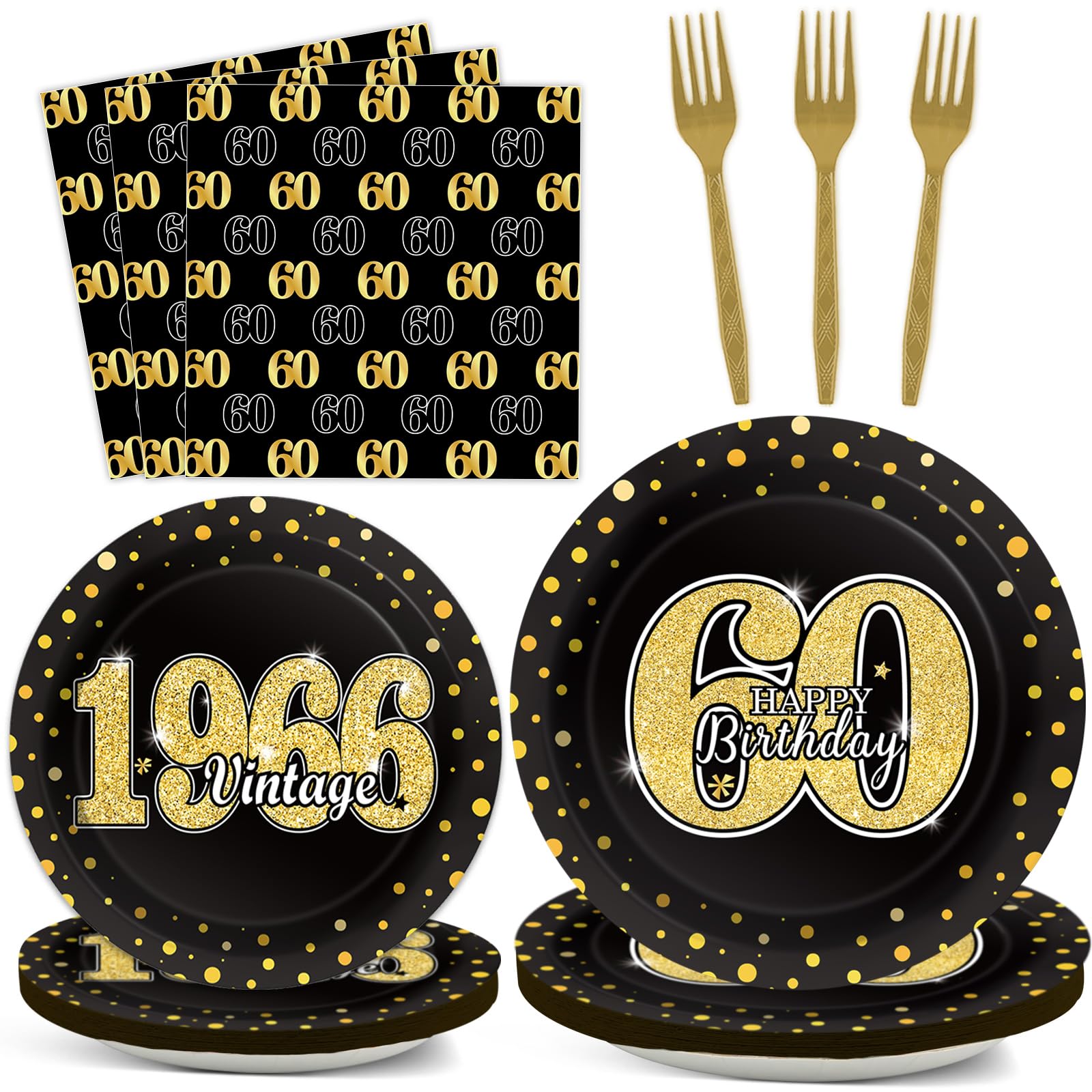 Photo 1 of 200PCS 60th Theme Birthday Party Tableware Vintage 1966 Party Supplies 60 year old Birthday Party Decorations Plates Napkins Forks Black and Gold Dinnerware Favors for Men or Women