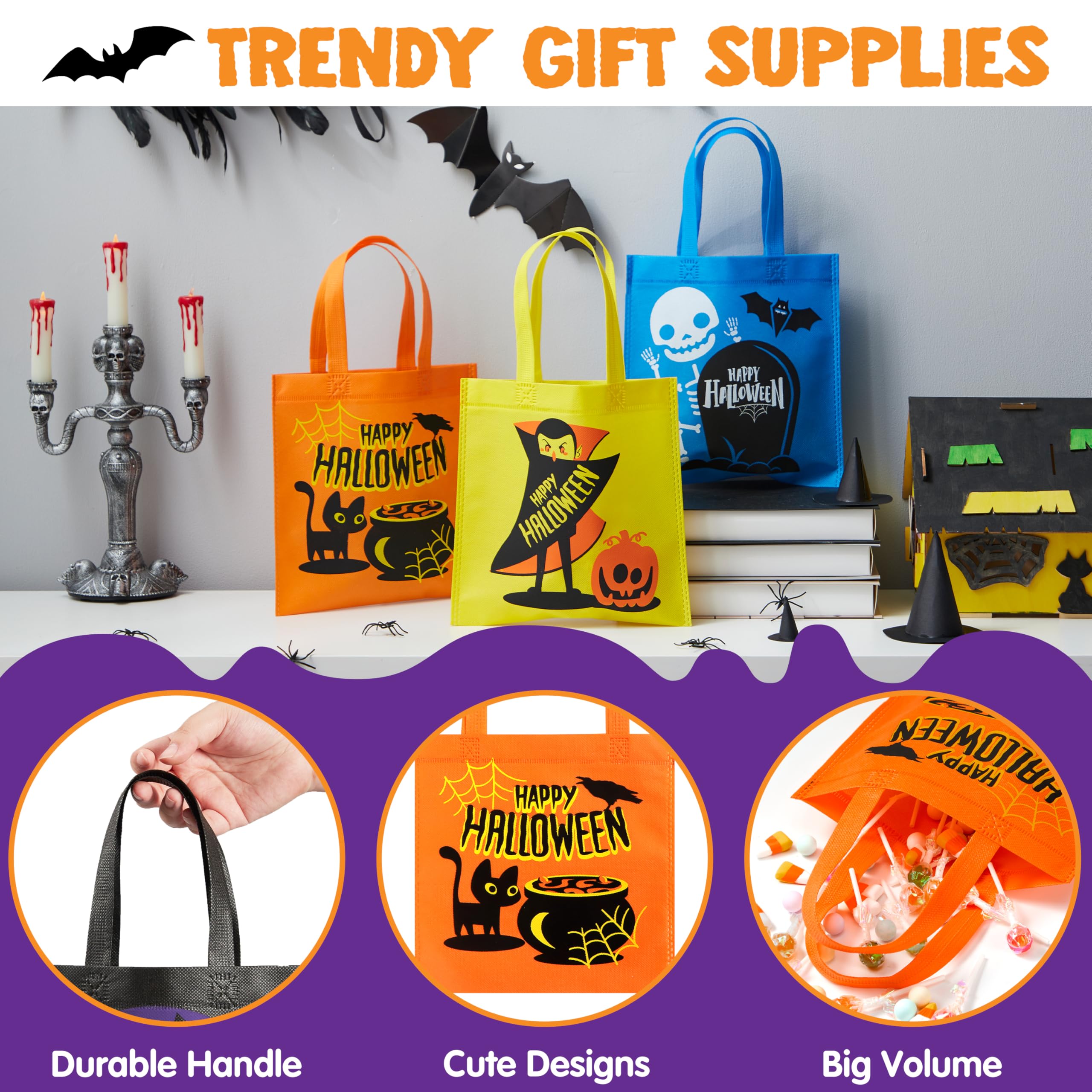 JOYIN 32 Non-Woven Halloween Tote Gift Bags Colorful for Kids, 6 Patterns Design Trick or Treat Bags for Kids Classroom Party Favor Supplies, Reusable Goody Candy Bag, Halloween Snacks Goodie Bag Bulk