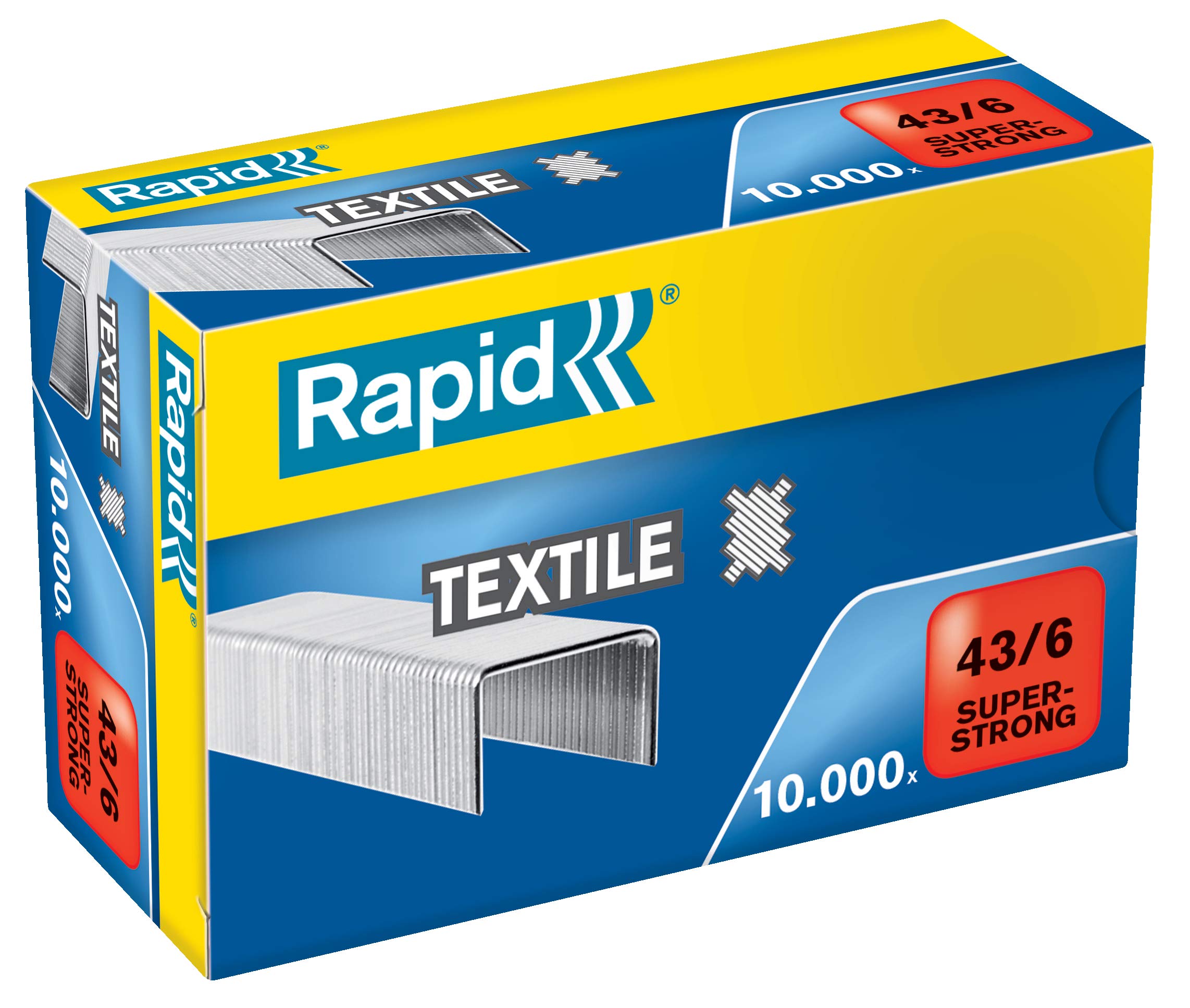 Rapid 43/6mm Super Strong Textile Staples, Staples up to 14 Sheets, Use with Rapid K1 Pliers, Galvanised Wire, Box of 10,000, 24872200