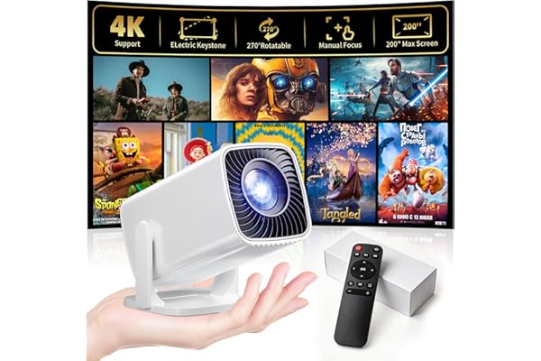Mini Projector, Portable Projector 4K & Full HD 1080P Support, 270° Rotation Outdoor Projector, Movie Projector Compatible with Smartphone, TV Stick, Laptop, PS4, HDMI, USB