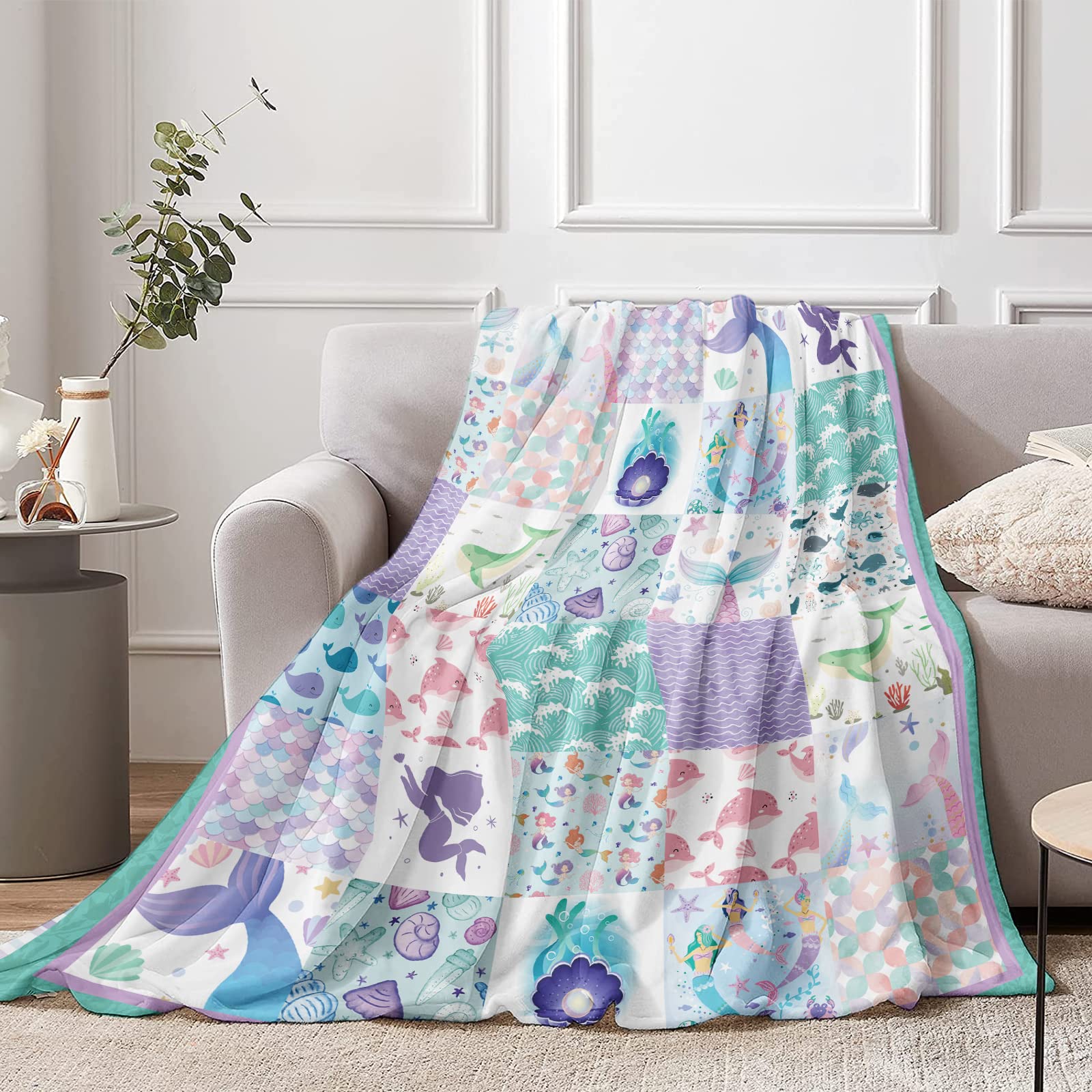 Mermaid Throw Blanket for Girls, 130 x 150 cm Cozy Cute Mermaid Theme Fluffy Plush Blanket for Kids, Soft Cute Mermaid Purple Blue Flannel Throw Blanket for Children Teen Women Gift Sofa Bed Couch