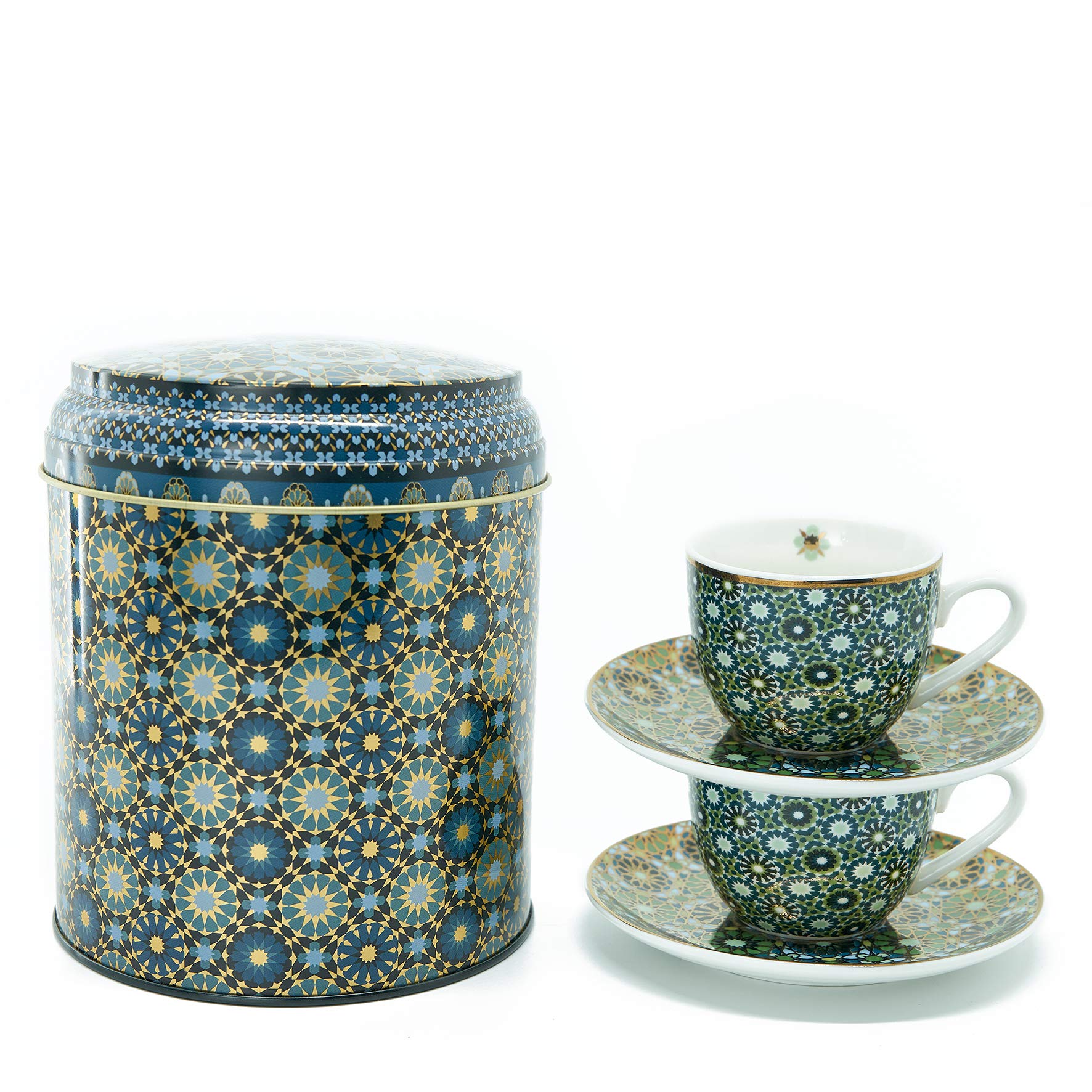 Images D'Orient Gift Set 2 in 1 Metal Cans with with 2x90 ml mit 2 x 90ml Porcalain Espresso Cups Mocca Cups. Each comes with a Saucer in a Mediterranean, Oriental Design