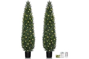 JOZHENJU 5FT Topiary Trees Artificial Outdoors 2 Pack, Two 5 Foot UV Resistant Faux Cedar Topiary Ball for Outdoor Front Porch Door, Set of 2 Fake Pine Cypress Tree with Led String Light