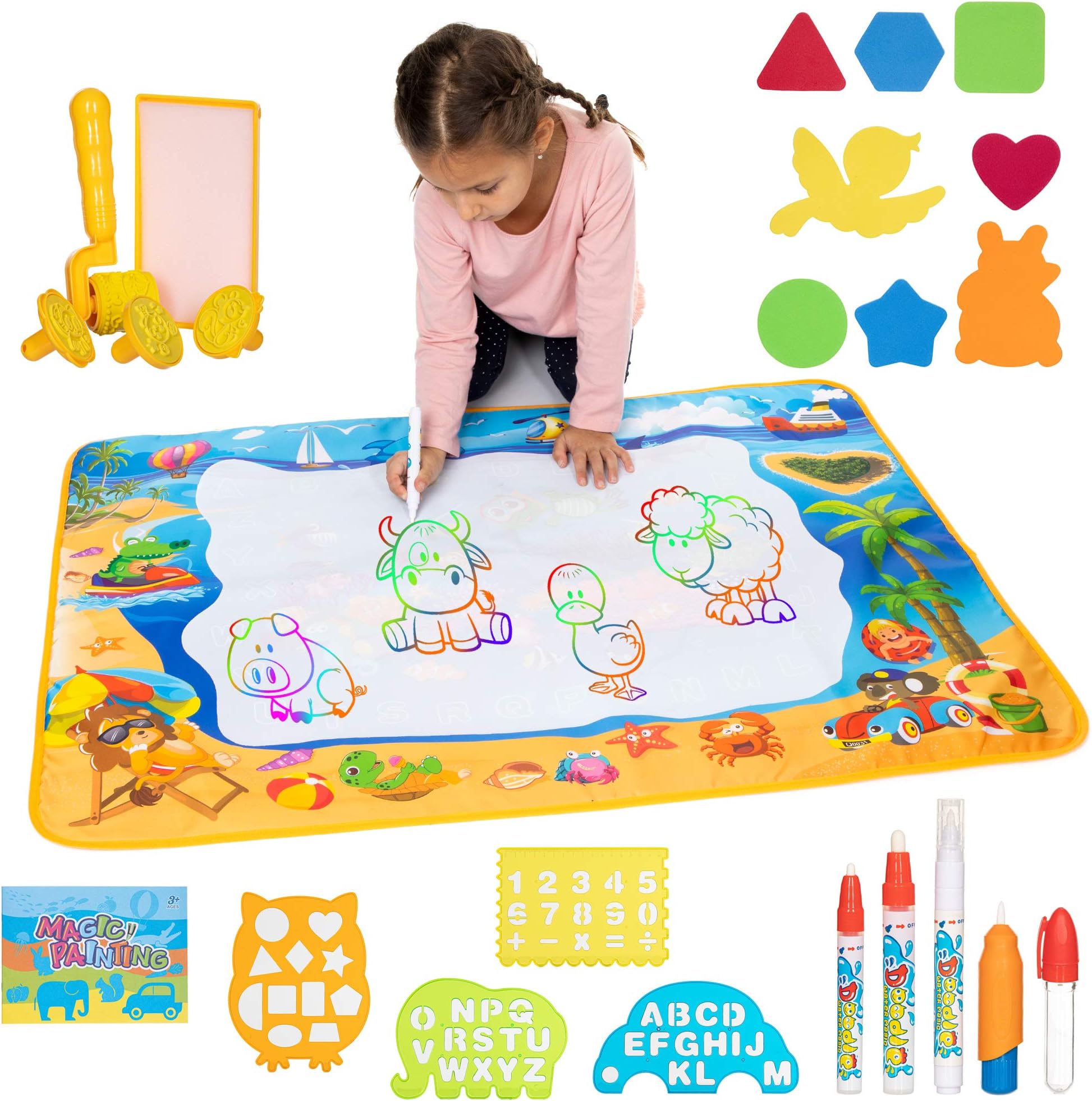 Toys Gem Water Drawing Mat Set with 4 Pens and Drawing Accessories, 40 x 28 inch Large Aqua Magic Doodle Mat, Educational Toys for Boys and Girls Gift for Ages 3 and Up