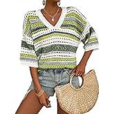 Saodimallsu Womens V Neck Crochet Sweaters Striped Short Sleeve Pullover Hollow Out Tops Beach Cruise Outfits 2025 Green
